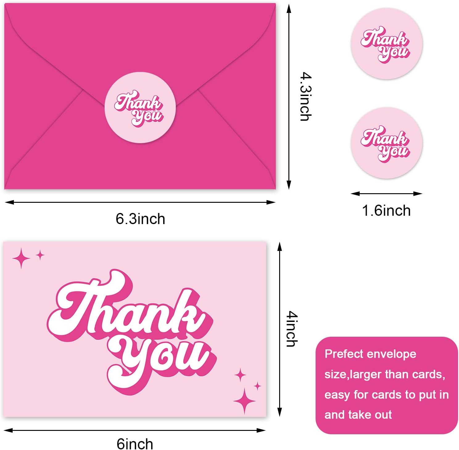 FYSUIMU 24Pcs Hot Pink Thank You Cards with Envelopes Stickers Girl Princess Thank You Blank Note Cards Pink Greeting Card for Birthday Baby Bridal Shower Wedding