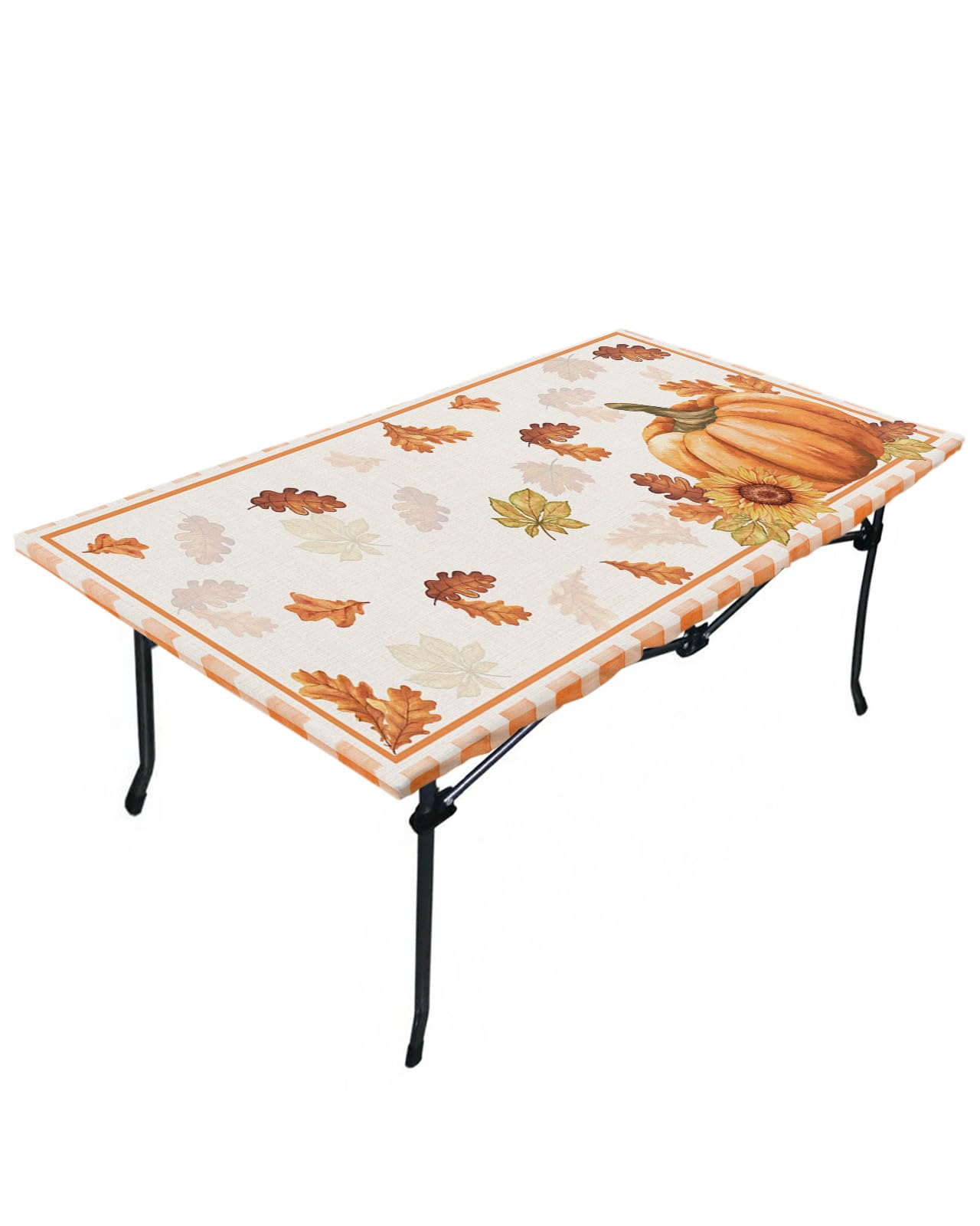 Fall Thanksgiving Fitted Table Covers for 3 Foot Tables, Orange Plaid Pumpkin Maple Leaf Sunflower Elastic Table Cover Rectangle 24