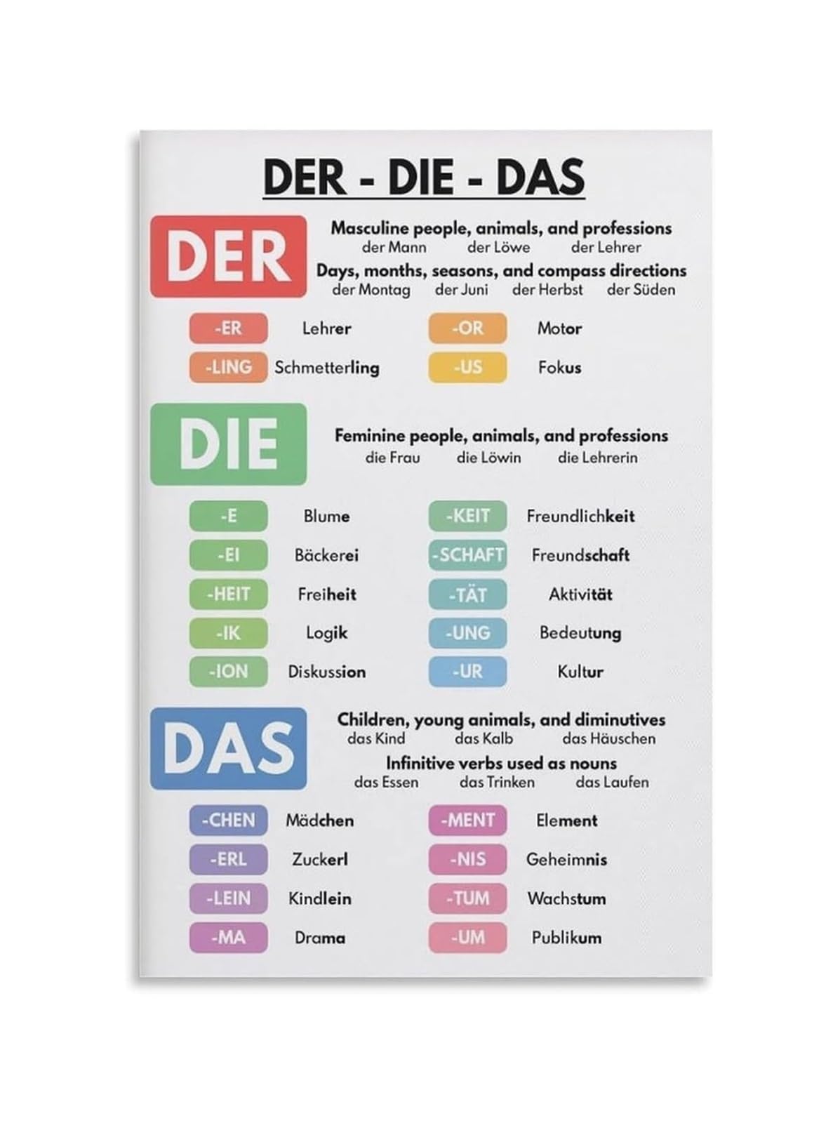NWPNLXEA Articles Definite and Indefinite Chart Der Die Das Grammar Poster for Language Study Classroom Home Decor Unframed,16x24inch(40x60cm)