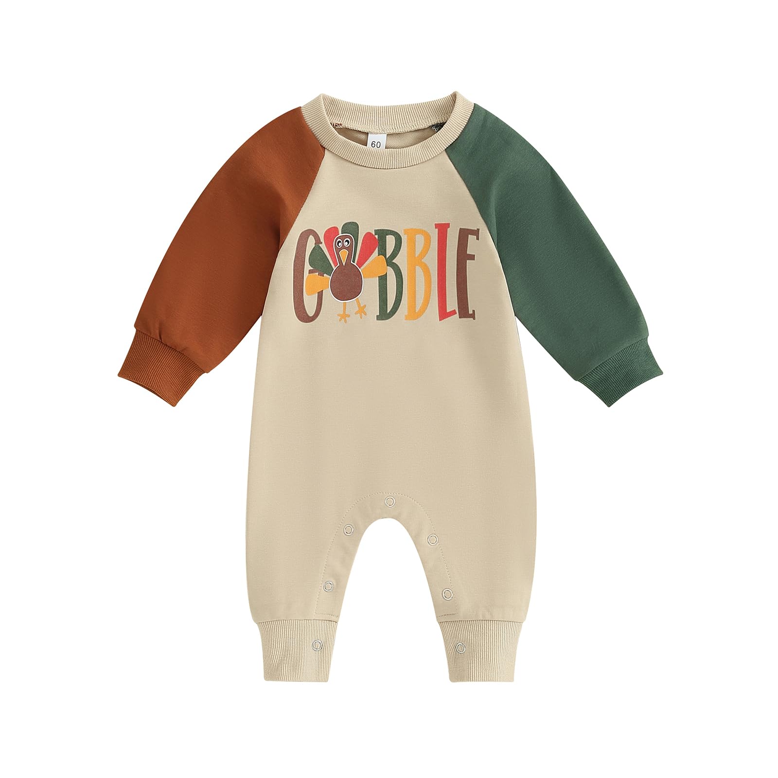 Lamuusaa Thanksgiving Baby Girl Boy Outfit Long Sleeve Gobble Romper Turkey Bodysuit Jumpsuit Fall Winter Clothes 0-18M (Khaki, 6-12 Months)