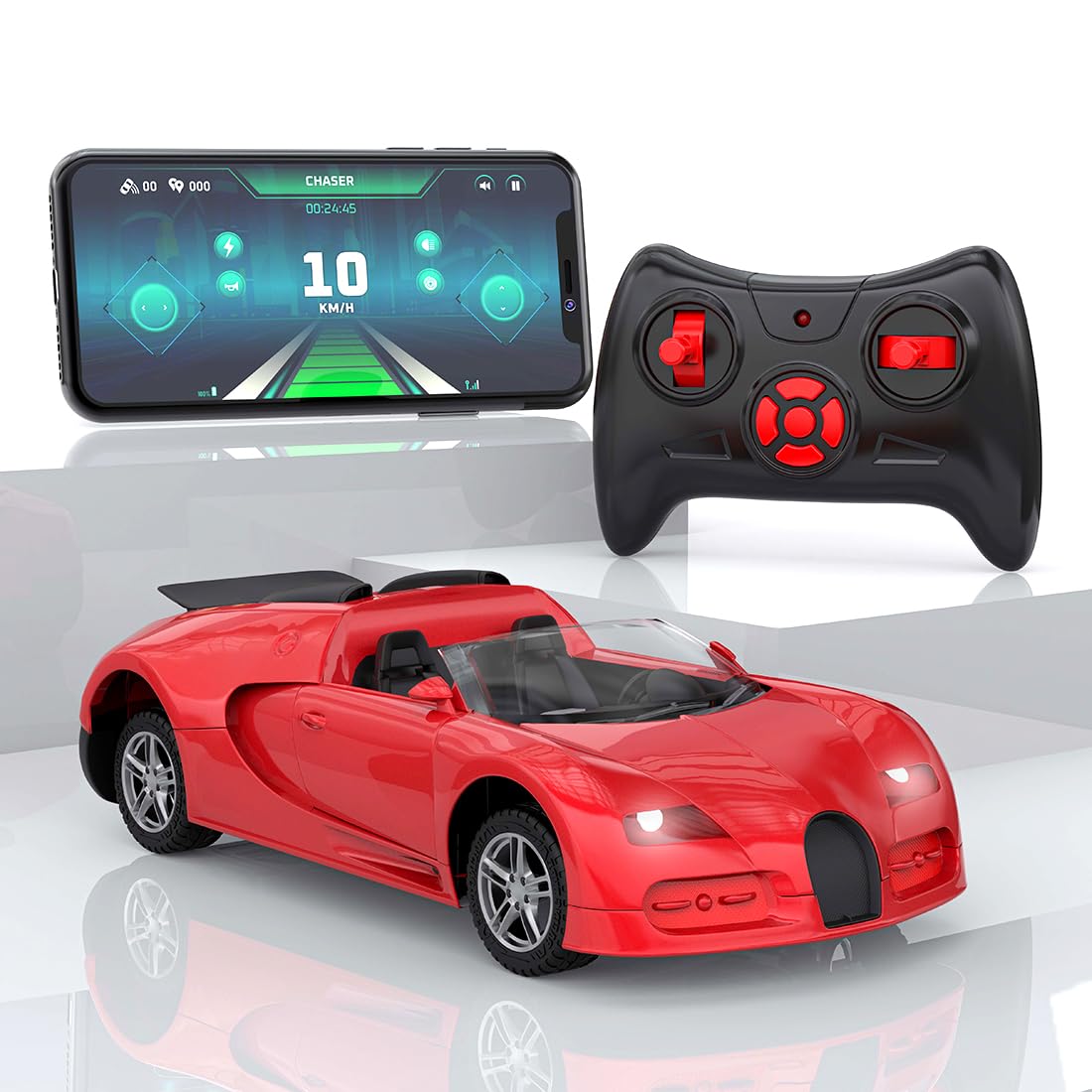 MiranaChaser Model - A | Rechargeable High Speed Racing RC Car | App and Remote Control Car Toys for Kids | Built-in Bluetooth Speaker for Boys & Girls | Made in India (Red)