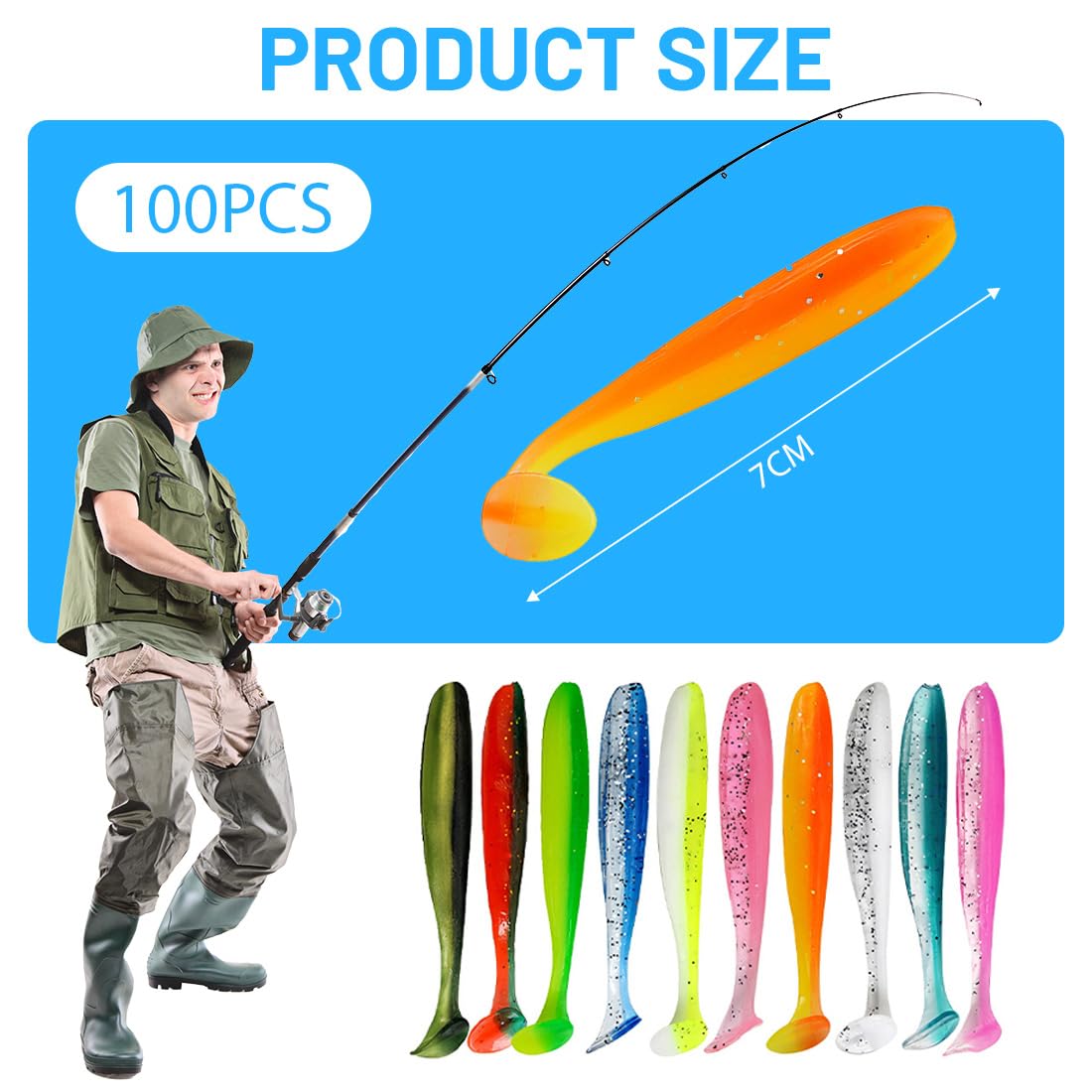 100 esche siliconiche 7cm, 10 colori, soft lure per pesca trota, persico, luccio, spinning, accessori pesca acqua dolce e lago