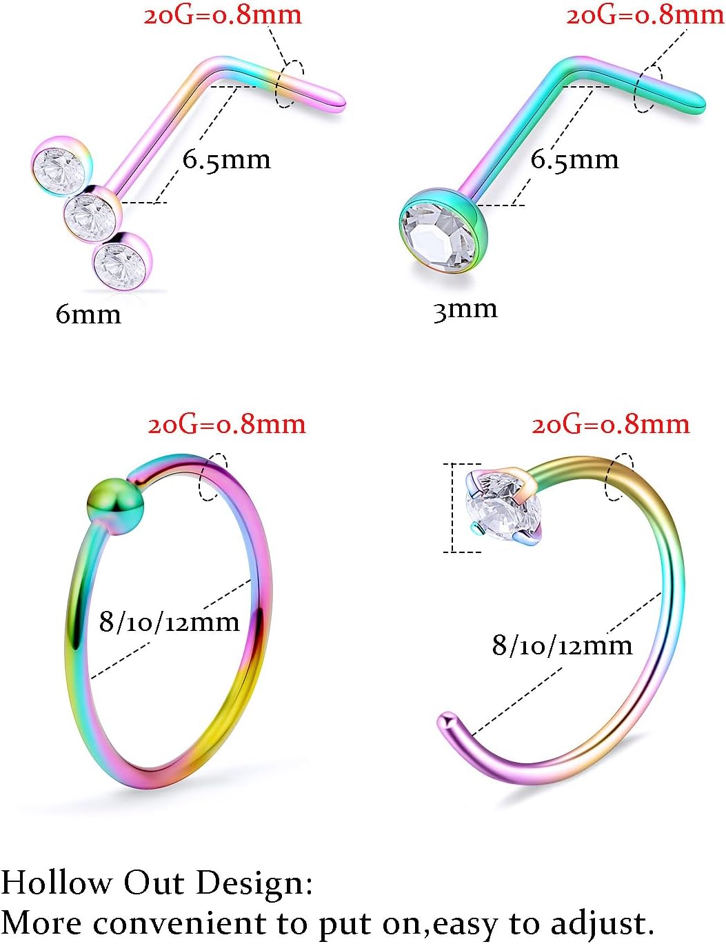 20g Nose Rings Hoops L Shaped Studs Gold/Black/Rainbow Piercings Jewelry for Women Hypoallergenic Surgical Stainless Steel - Image 2