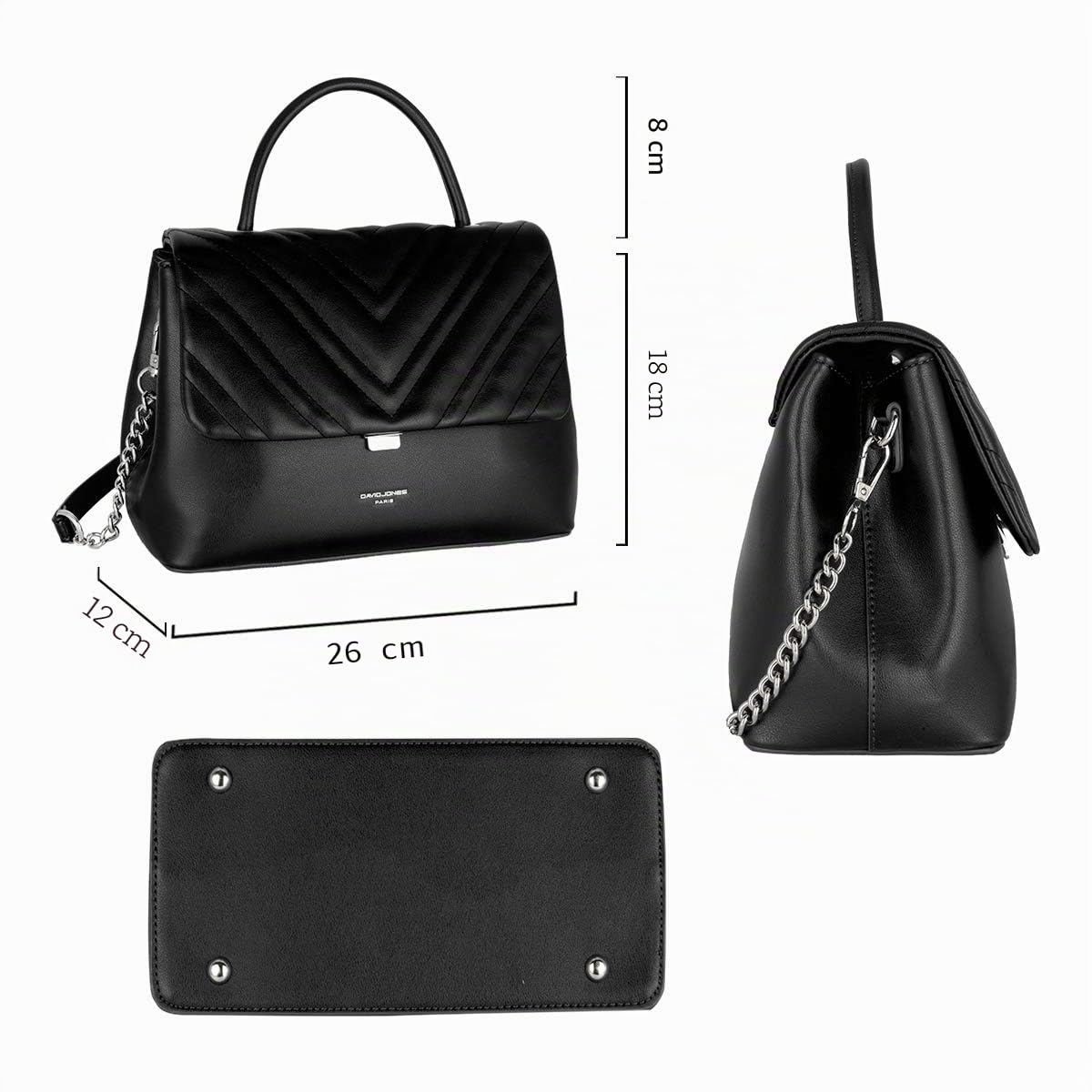 David Jones - Borsa a Tracolla Catena Trapuntata Donna - a Mano, Spalla, PU Pelle - Messenger Crossbody Bag - Borsetta Satchel Sera Chevron Clutch - Nero