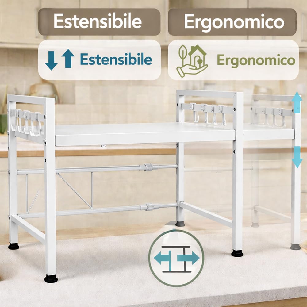 Shally Dogan Mensola Salvaspazio Porta Microonde in Acciaio Allungabile, Scaffale da Cucina con Ripiano Portaspezie, Mobile Estensibile con Ganci e Piedini Antiscivolo, Design Moderno (Bianco)