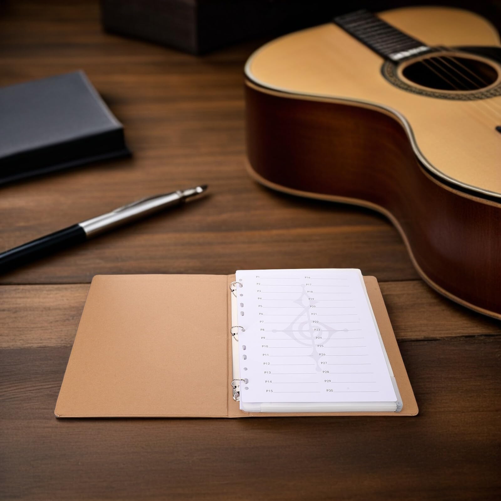 Carpeta de Partituras de 9 Anillas en Papel Kraft Caqui, Soporte para Partituras de Guitarra y Piano, Organizador de Documentos Numeración para Conciertos y Ensayos Musicales