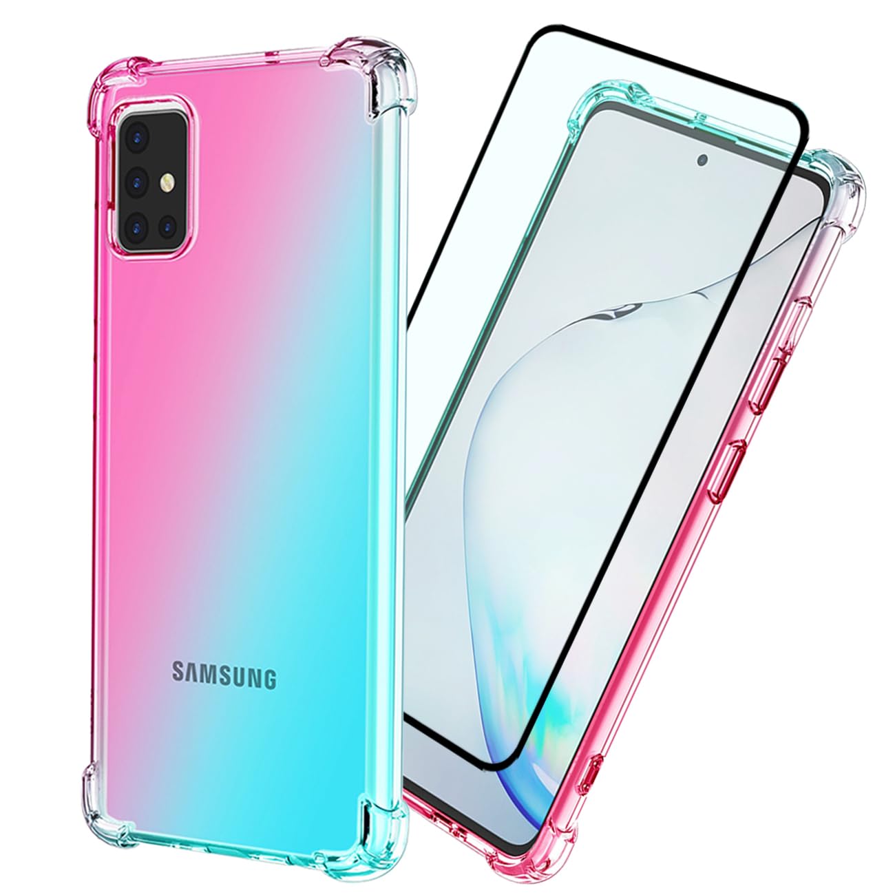 Phone Case for Galaxy A71 4G Case, Samsung A71 SM-A715F Case with HD Screen Protector, Clear Colorful Gradient Slim Phone Cover TPU Back Protective Cases for Samsung Galaxy A71 4G Pink Green