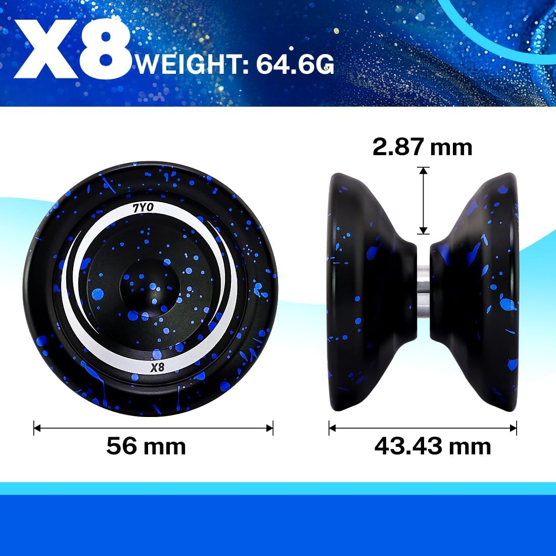 7YO Yoyo for Kids Beginner, X8 Responsive Professional Yoyo for Adults, Metal Alloy Yo Yo with 10 Strings, Case, Removal Bearing Tool, KK Bearing - Black Blue