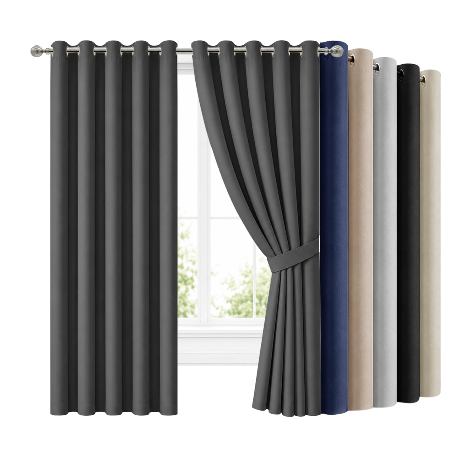 Hafaa Blackout Curtains for Bedroom Grey 66x90 Inch Ring Top Black Out Curtains for Living Room Thermal Insulated Energy Savig Curtain and Drapes 2 Panels with Tiebacks — image 1
