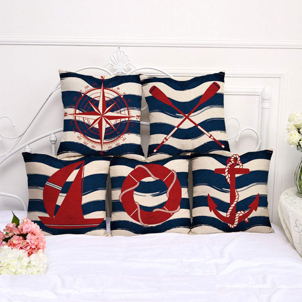Housse de coussin voiliers en lin style marin 45x45 cm lot de 5