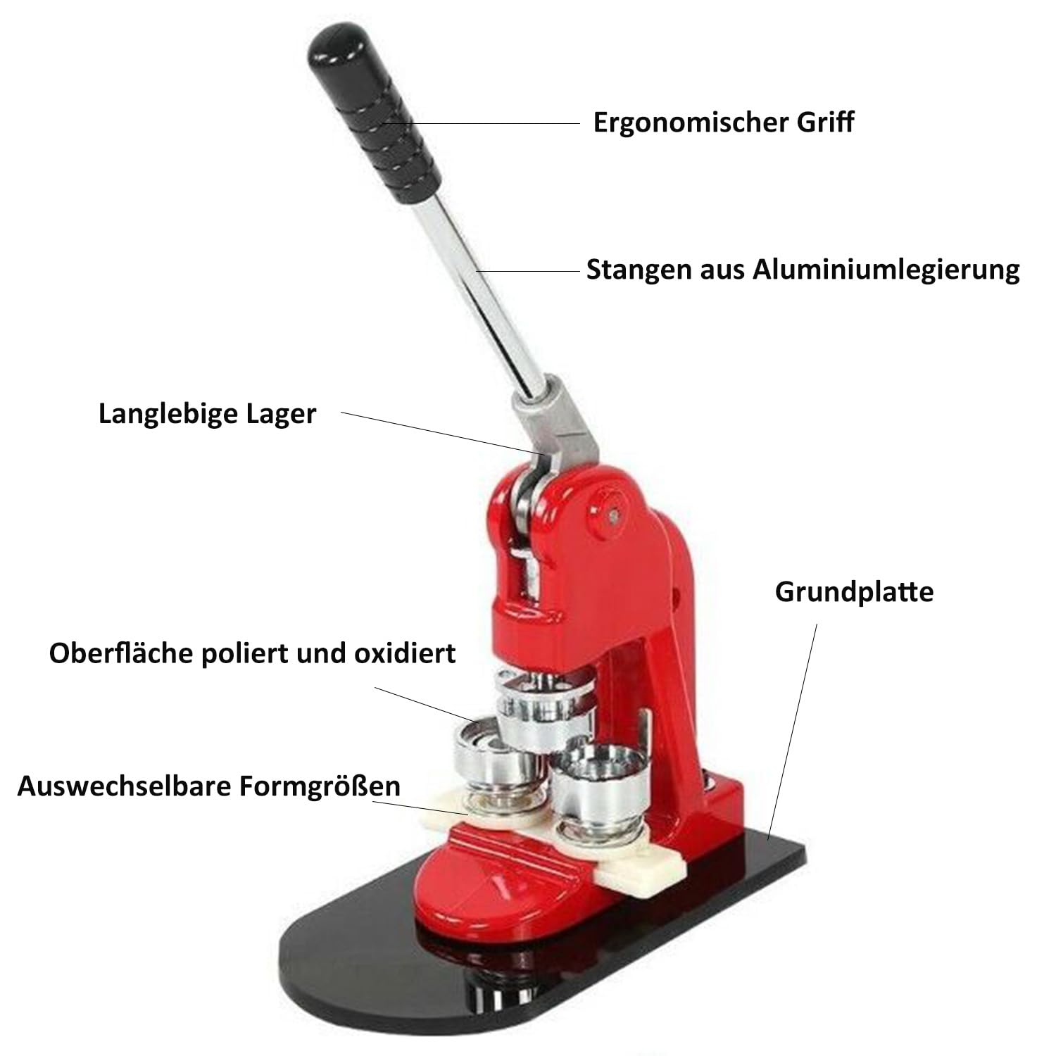 Badge Press Machine 25/32/58/75 mm, Button Maker 500 Stücke, Rote Buttonmaschine aus Gusseisen, Punch Press Machine mit Benutzerfreundlichem Griff (58mm(2 Zoll))
