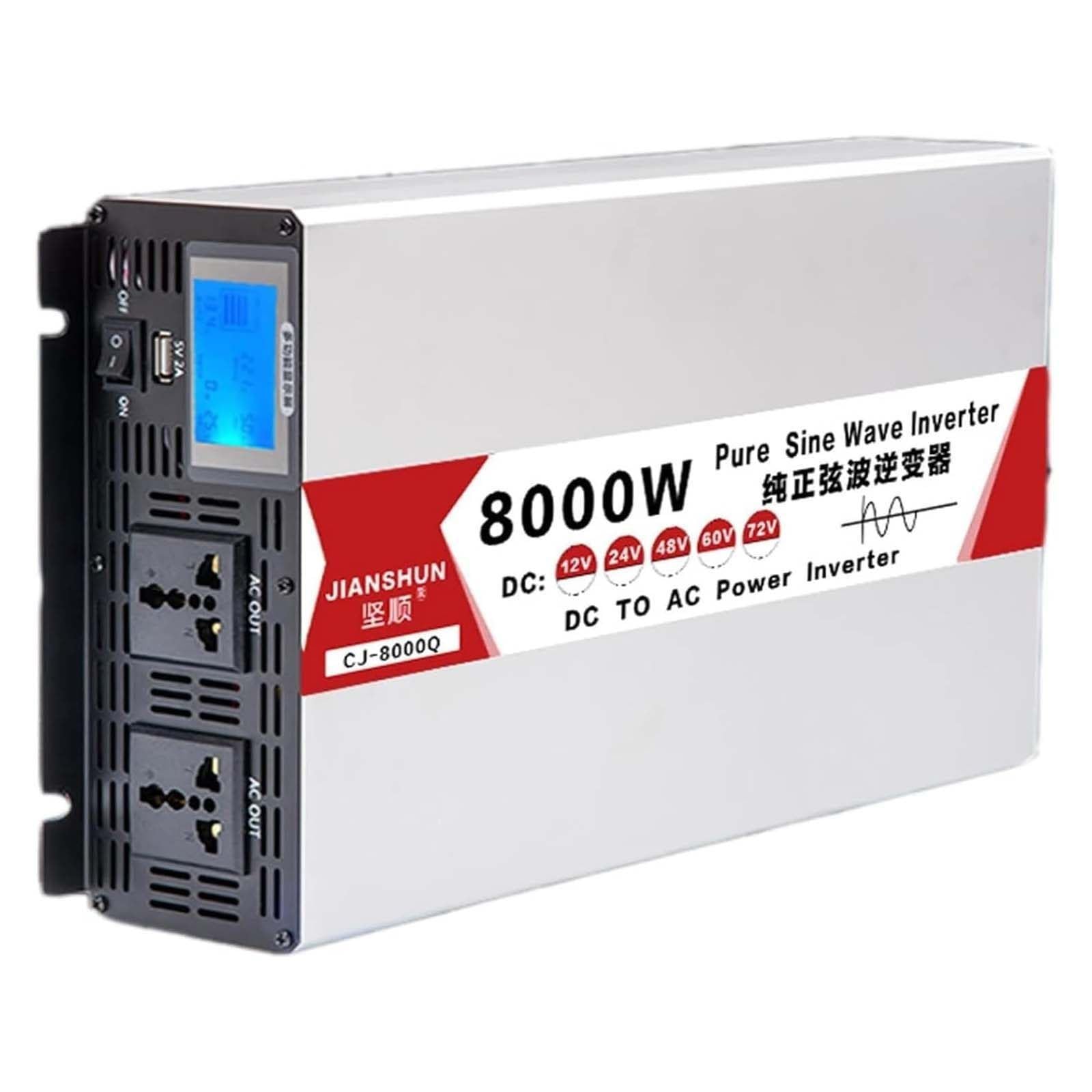 Przetwornica czystego sinusa 8000W, 12V/24V/48V/60V DC na 120V/240V AC, z wyświetlaczem LCD i podwójnym gniazdem AC, cicha praca 60V