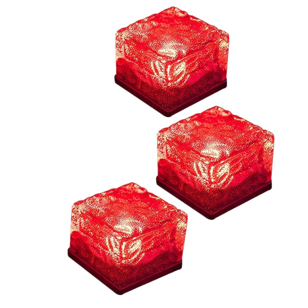 Sunboia Solar Ice Brick Lights Ice Cube Lights IP68 Waterproof LED Frosted Glass Brick Rock Lamp for Path Yard Garden(Red,3Pcs)