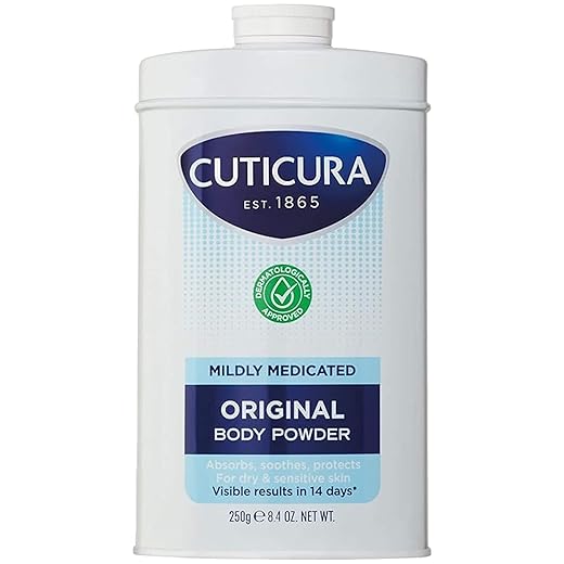 Cuticura Mildly Medicated Talcum Powder Body Powder 250g, Packaging May Vary, White, Many Uses Personal Hygiene, Prevent Smudging After Self-Tanning & Facial Makeup