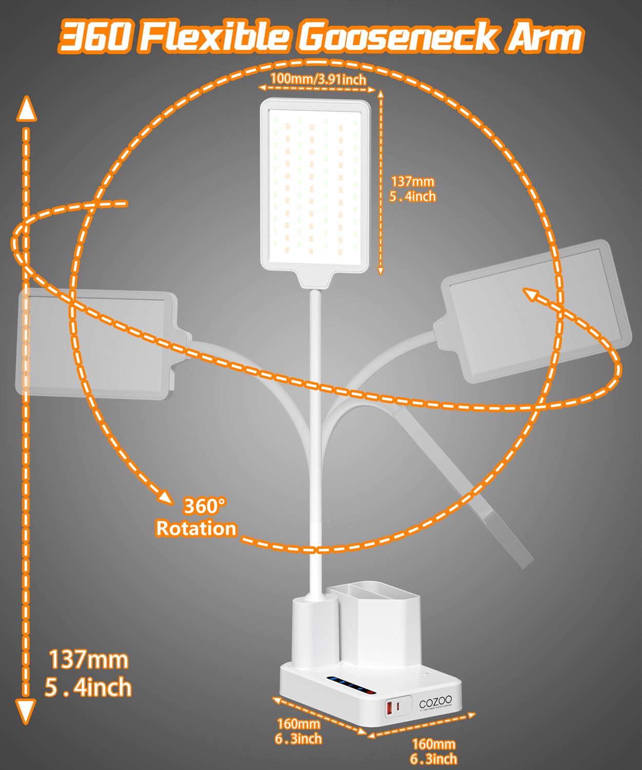 Lampada da scrivania, lampada da scrivania a LED per casa e ufficio, con 2 porte USB di ricarica/presa/organizer, lampada da scrivania per dormitorio universitario, lampada da tavolo a collo di cigno