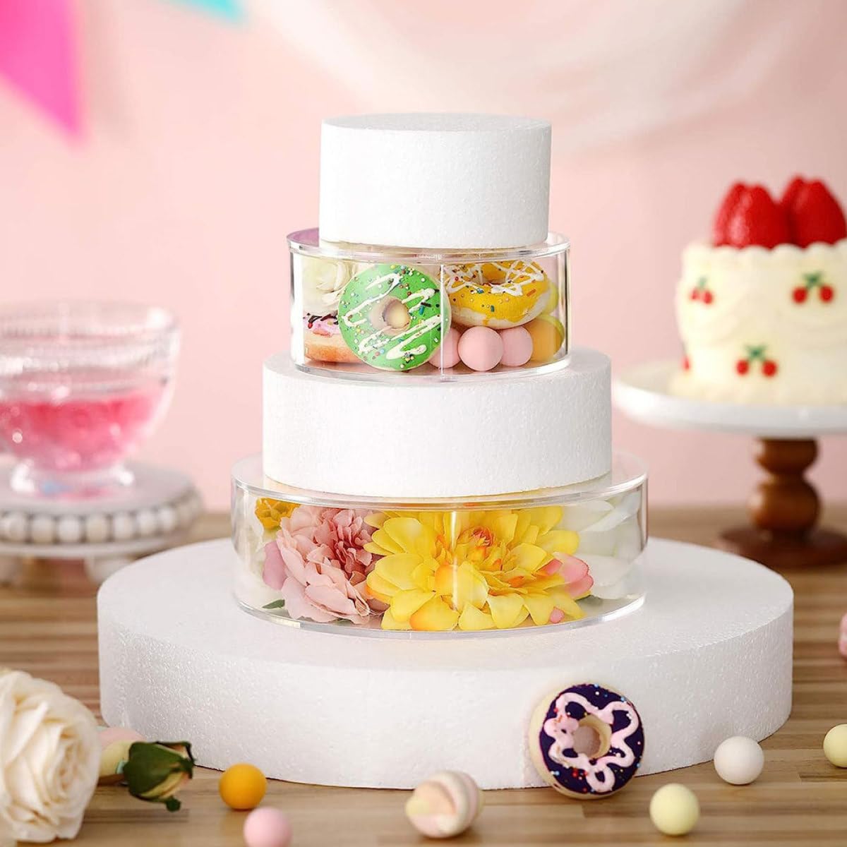 NOLITOY Soporte para Pasteles Redondo Rellenable de Acrílico Transparente, 2 Piezas, Bandeja para Cupcakes y Postres, Adecuado para Fiestas, Bodas y Mesa Dulce