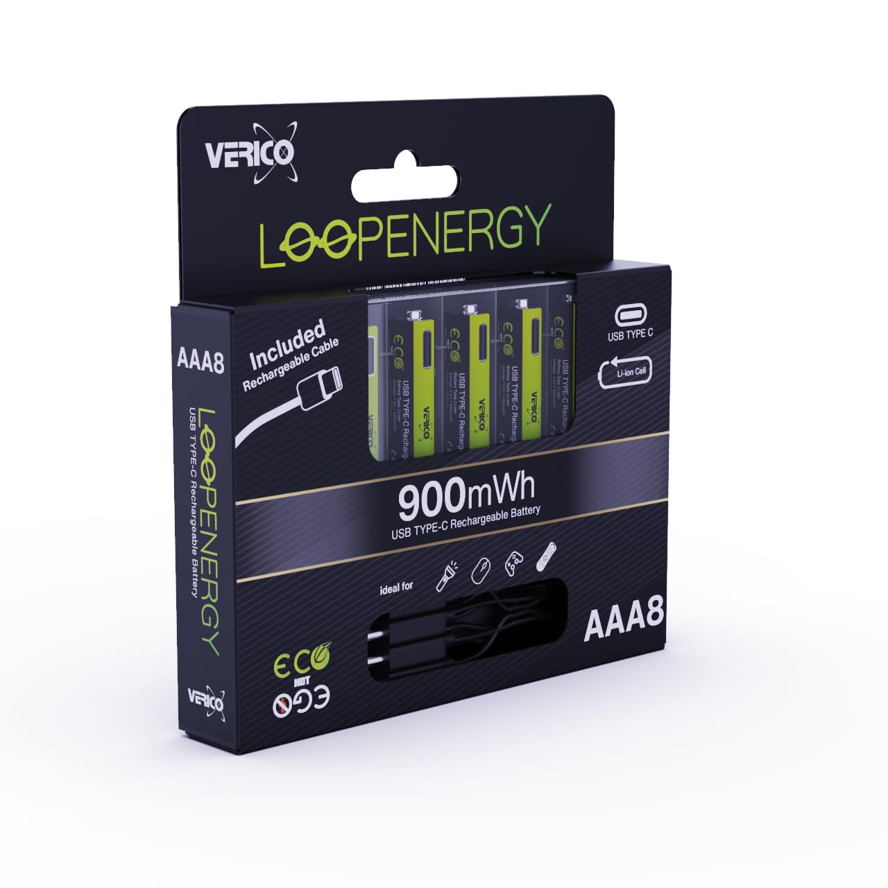 VERICO LoopEnergy AAA 900 Wiederaufladbare USB-C Batterie AAA 1,5V 900mWh (600mAh) Li-Ion, Schnellladung Via USB-C Anschluss in ca. 2 Stunden, 8er Pack AAA, 1 Kabel USB - A auf 4 x USB-C