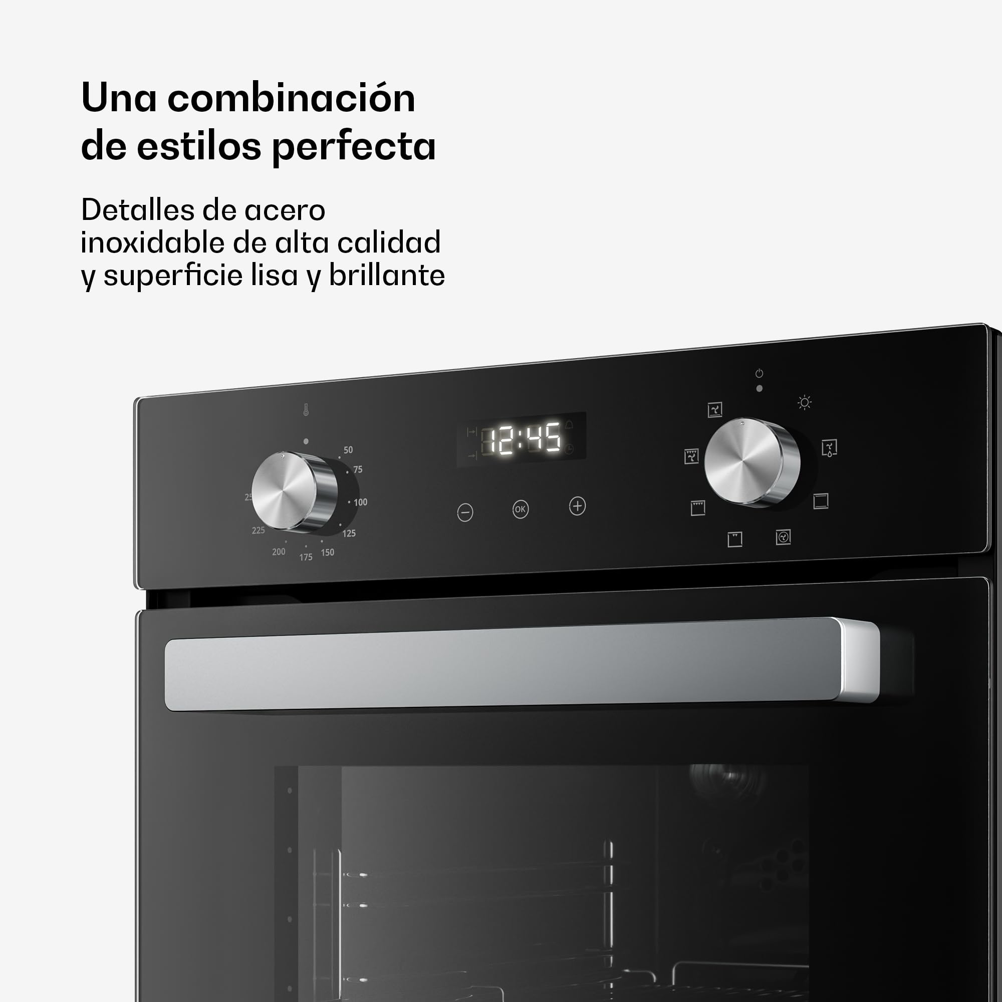 Klarstein Verosteel Horno Eléctrico Empotrable 45 cm - 49L, 8 Modos, Clase A, Acero Inoxidable & Cristal Negro, Fácil Limpieza, Temporizador, Horno Integrable Compacto