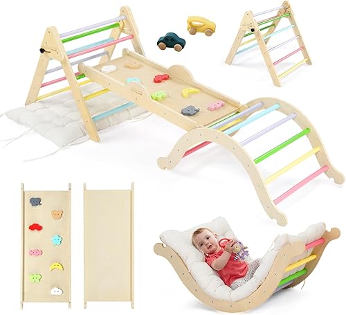 Miniatura 1 de JOYMOR Juego de triángulos Pikler 9 en 1 con cojín (grande), juego de escalada de madera Montessori para niños pequeños con patrones coloridos