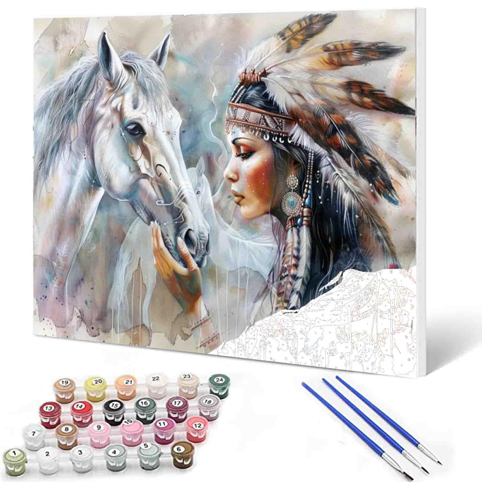 Paint by Numbers for Adults DIY Indians African Tribal Girl and White Horse Oil Painting for Kids Beginner Acrylic Pigmented Kit Wall Art Home Living Room Decor Artwork Handmade Gifts (Frameless)