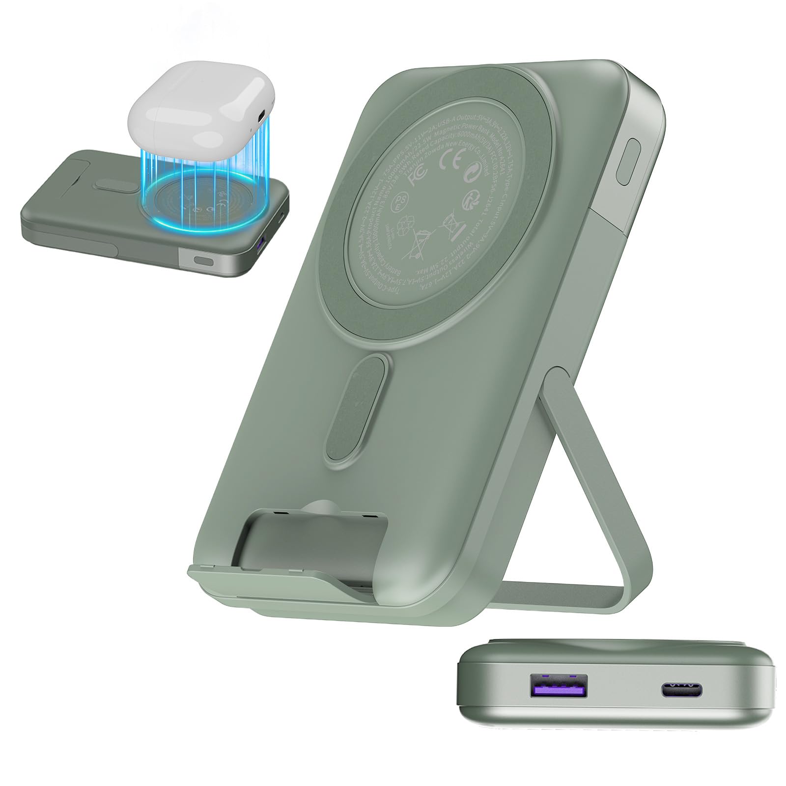 Nobis for Magsafe Powerbank 10000mAh, Dual-faltbares Wireless Power Bank mit LED-Anzeige für Magnetische Powerbank Black 22,5W PD-Schnellladung Typ C In&Out für Phone 16 S25 (Grün)