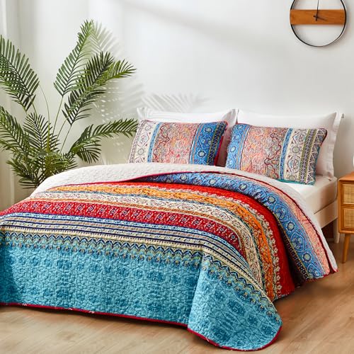 WONGS BEDDING Bohemian Quilt Set Queen Size, Boho Striped Pattern Bedspread Set for All Season, Microfiber Lightweight Coverlet Bedding Set 96"x90"(3 Pieces, Colorful) - Image 3