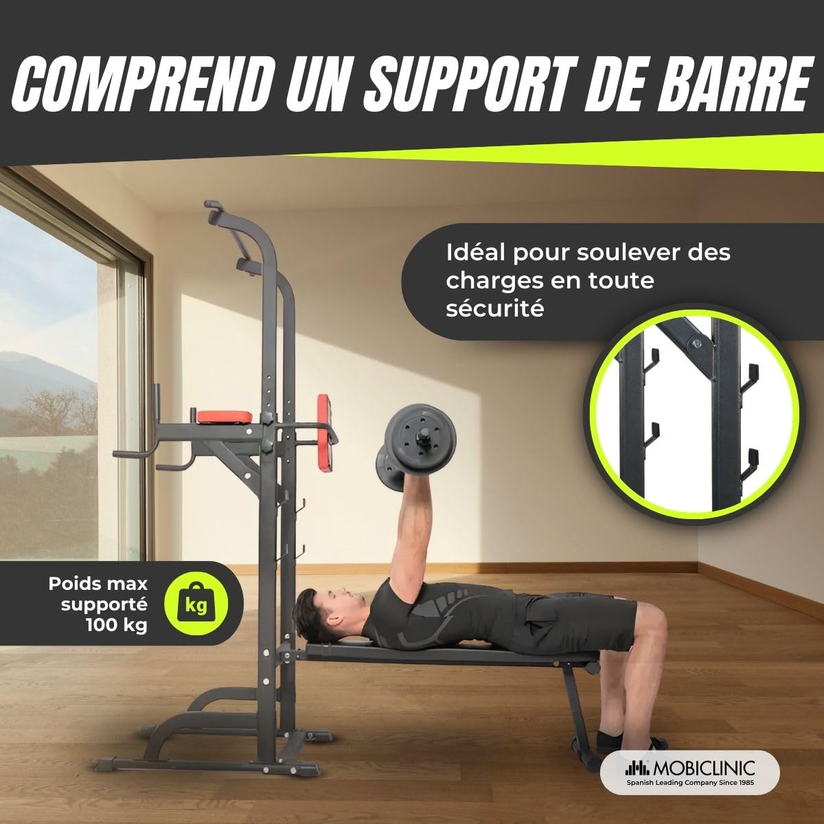 Mobiclinic®, Station de Musculation avec Banc, 9 en 1, Pliable, Domifit, Réglable 8 Hauteurs, Barre Traction, Banc Incliné, Support pour Haltères, Multifonction, Antidérapant, Rembourré
