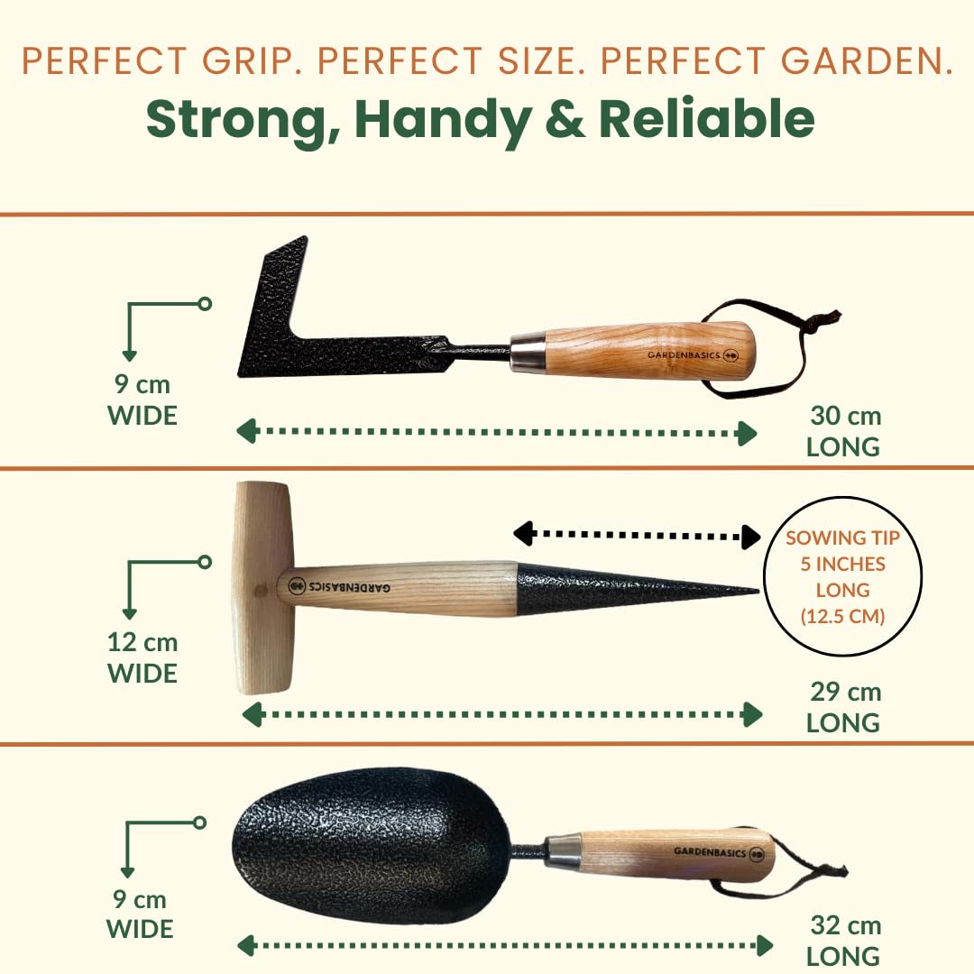 GARDENBASICS 3 PCS Gardening Tools Kit for Home Garden | Rust Proof Garden Tool Set | Heavy Duty | Wooden Handle | Farming Tools for Indoor & Outdoor Use | Potting Soil Scoop, Patio Weeder & Dibber 4