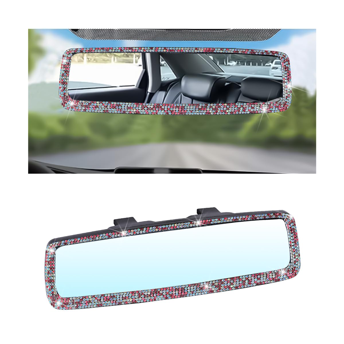 Osilly Rhinestone Clip-On Car Rearview Mirror, AB Color+Pink