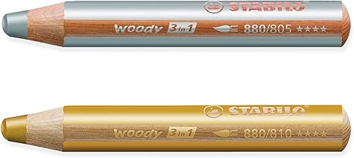 STABILO Multitalented Pencil Woody 3 en 1, paquete de 2 lápices, dorado y plateado