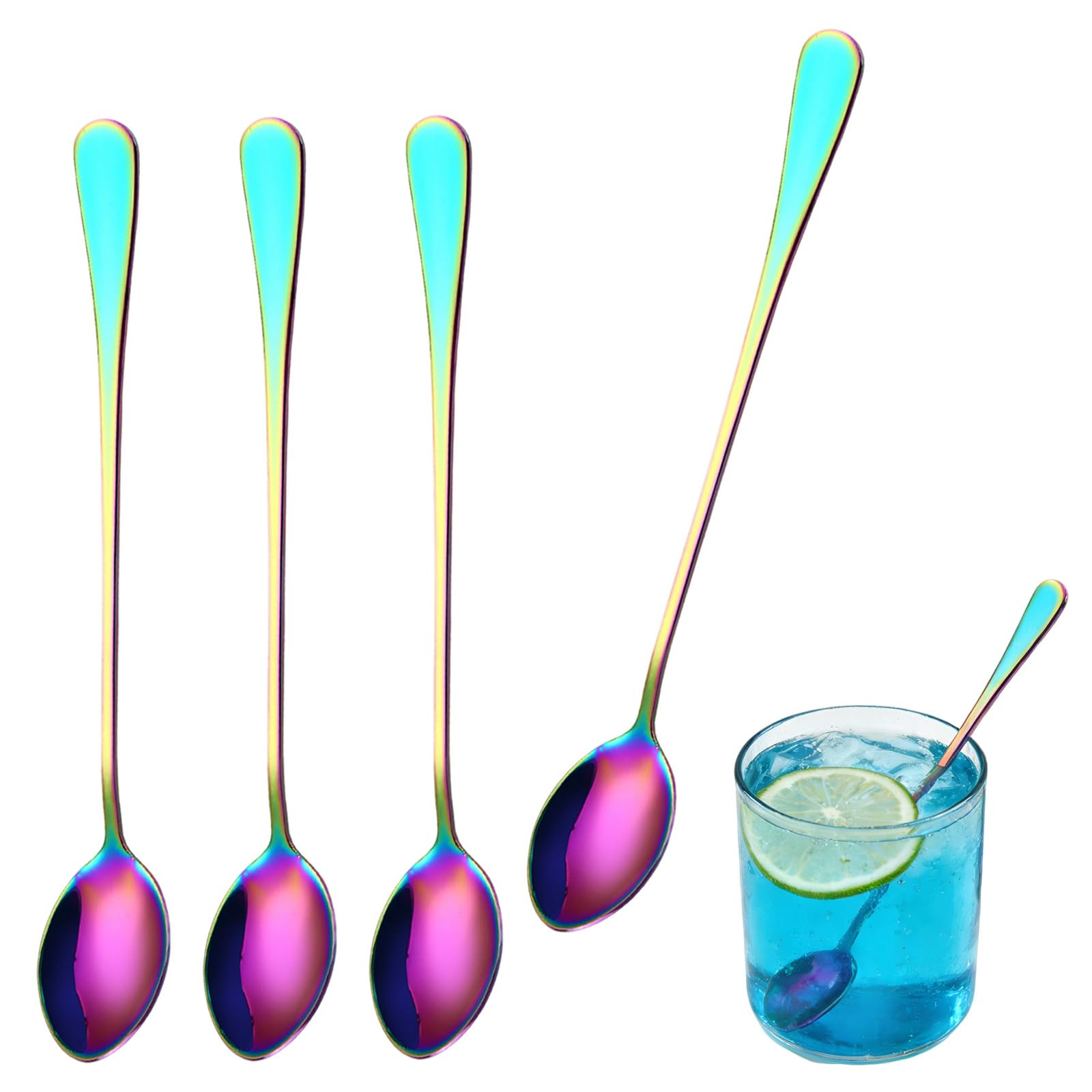 Rainbow Sundae Spoons, 4Pcs Stainless Steel Long Handled Spoons for Ice Cream, Desserts, Coffee, Tea, Parfait, Yogurt, Milkshakes & More, Colorful Teaspoon Set