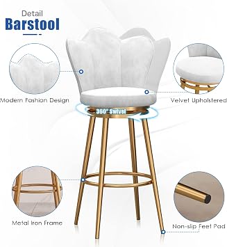 Bar Stool Modern Velvet Bar Stools Set of 2, 360 Swivel Dining Chairs with Sturdy Metal Legs, Stylish Counter Height Barstools for Kitchen Island & Home Office, 75cm White-C