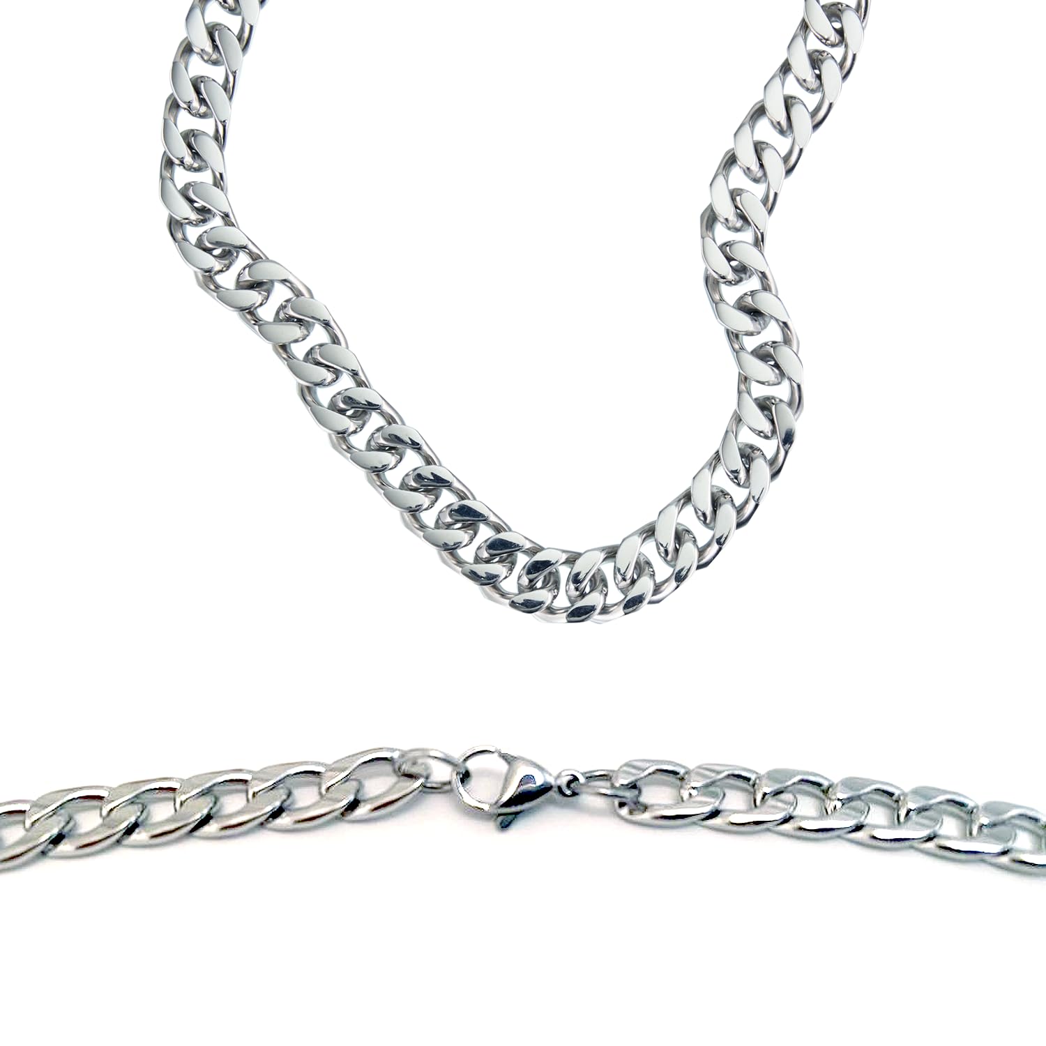 Genérico Pack 3 Collar de acero inoxidable resistente 5/6/7 mm ancho color platino - Cadena Unisex de eslabones cubanas - Joyeria Hecha a mano - 60cm longitud - Cordon Hipoalergénico y antioxidante