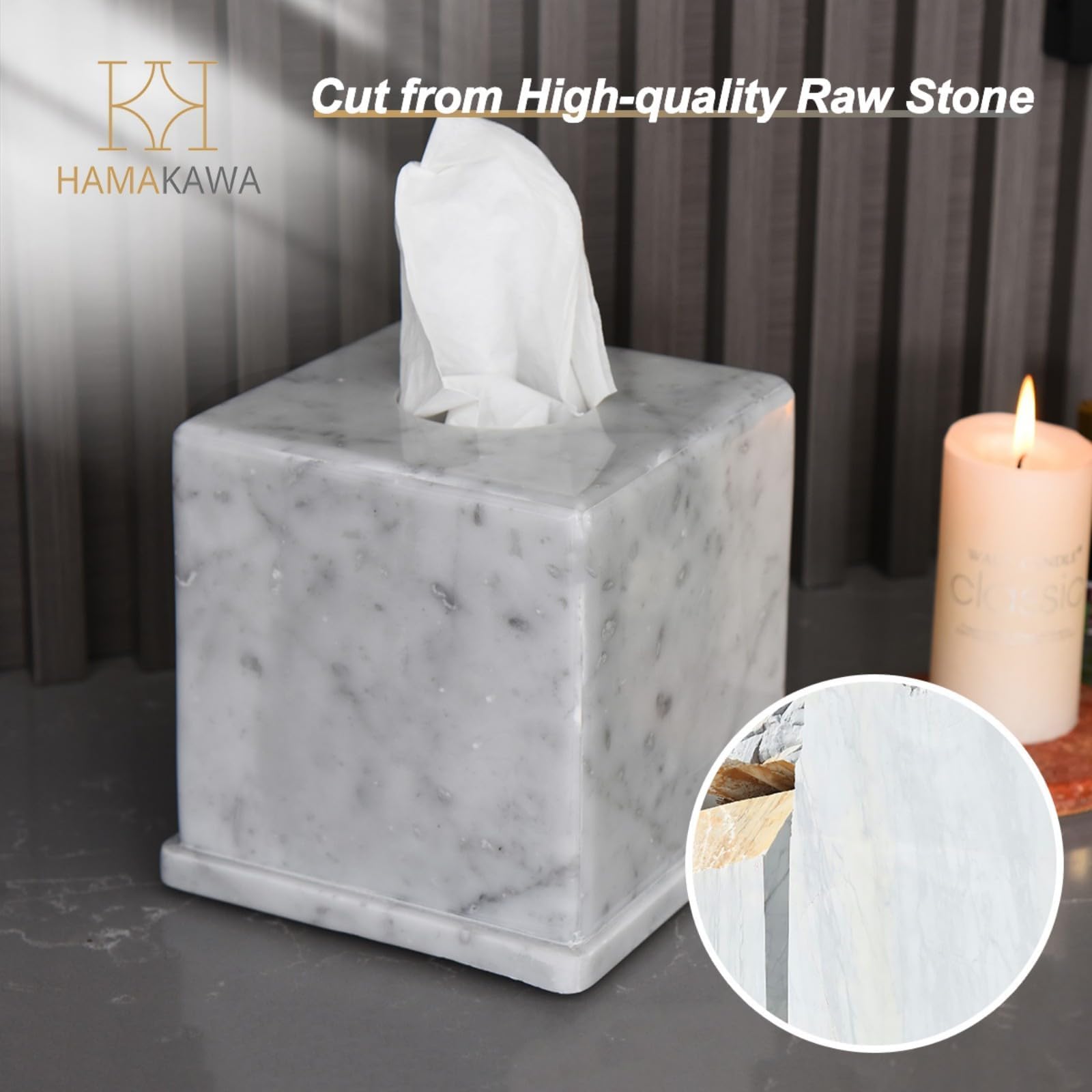 Portapañuelos de Mármol Natural Blanco Carrara, Caja Cuadrada 15x15x14.5 cm para Baño Moderno/Salón, Organizador de Pañuelos Pesado con Piedra Auténtica