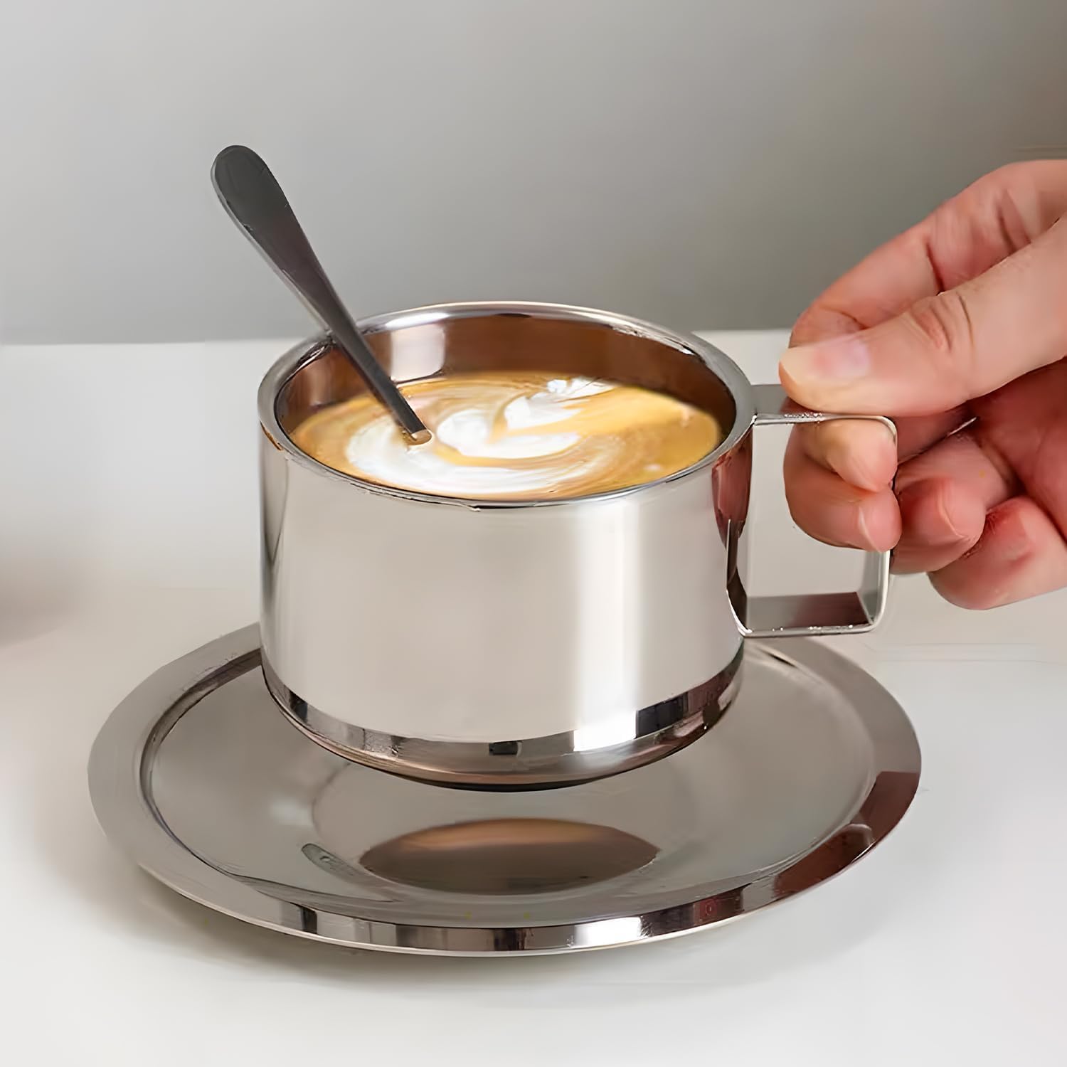 Juego de Tazas de Café Acero Inoxidable, 3 Piezas/Juego Tazas Café Espresso Aisladas, Taza Doble Pared con Asa Té Leche con Platillo Cuchara para Cafés Latte Té Leche (4 Juego)