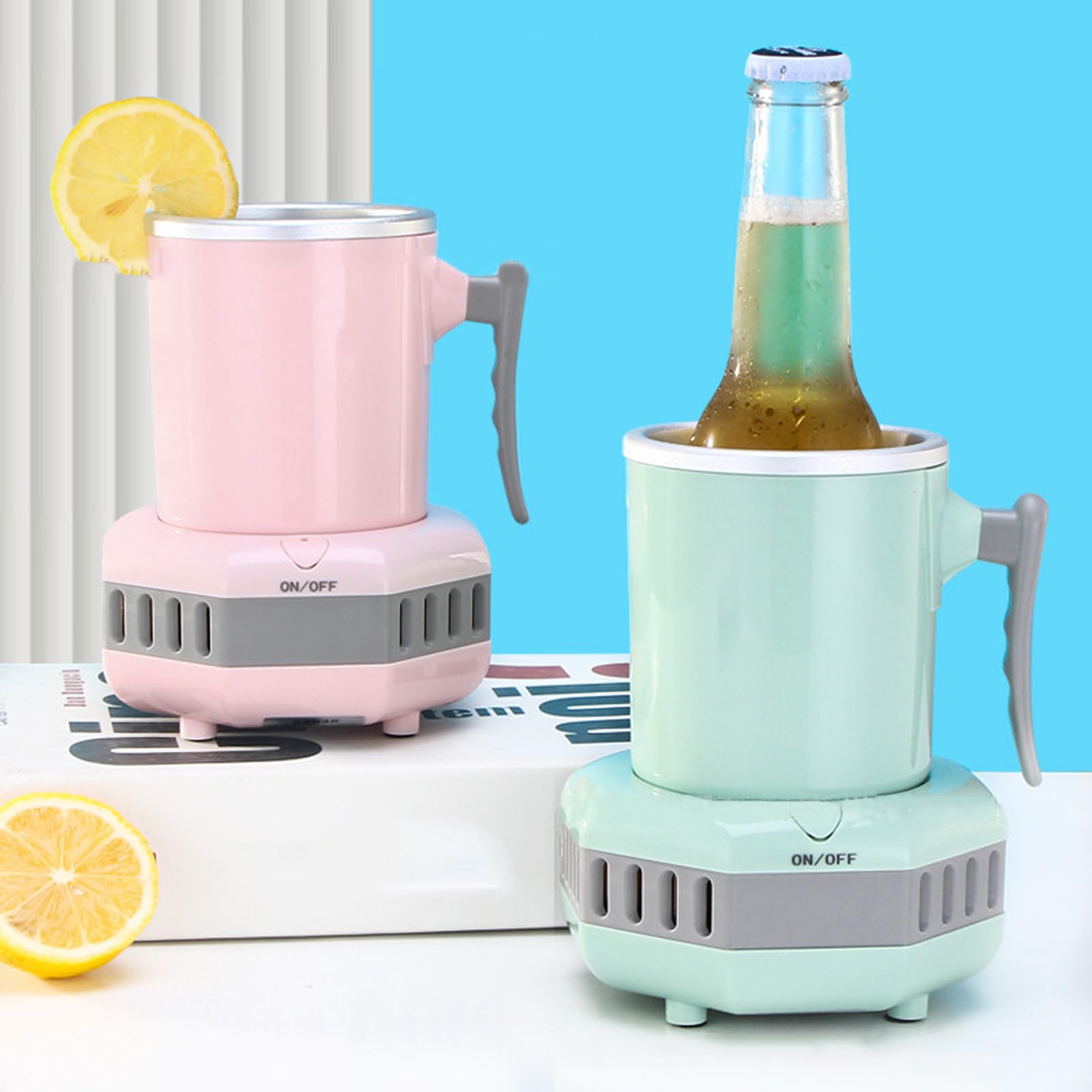 SICWEDIM Electric Beverage Cup Cooler, 420ml Mini Refrigerator Electric Quick Cooling Cup, Semiconductor Refrigeration, Desktop Mini Fridge Quick Cooling Cup Drink Chiller, for Home/Office (Pink)
