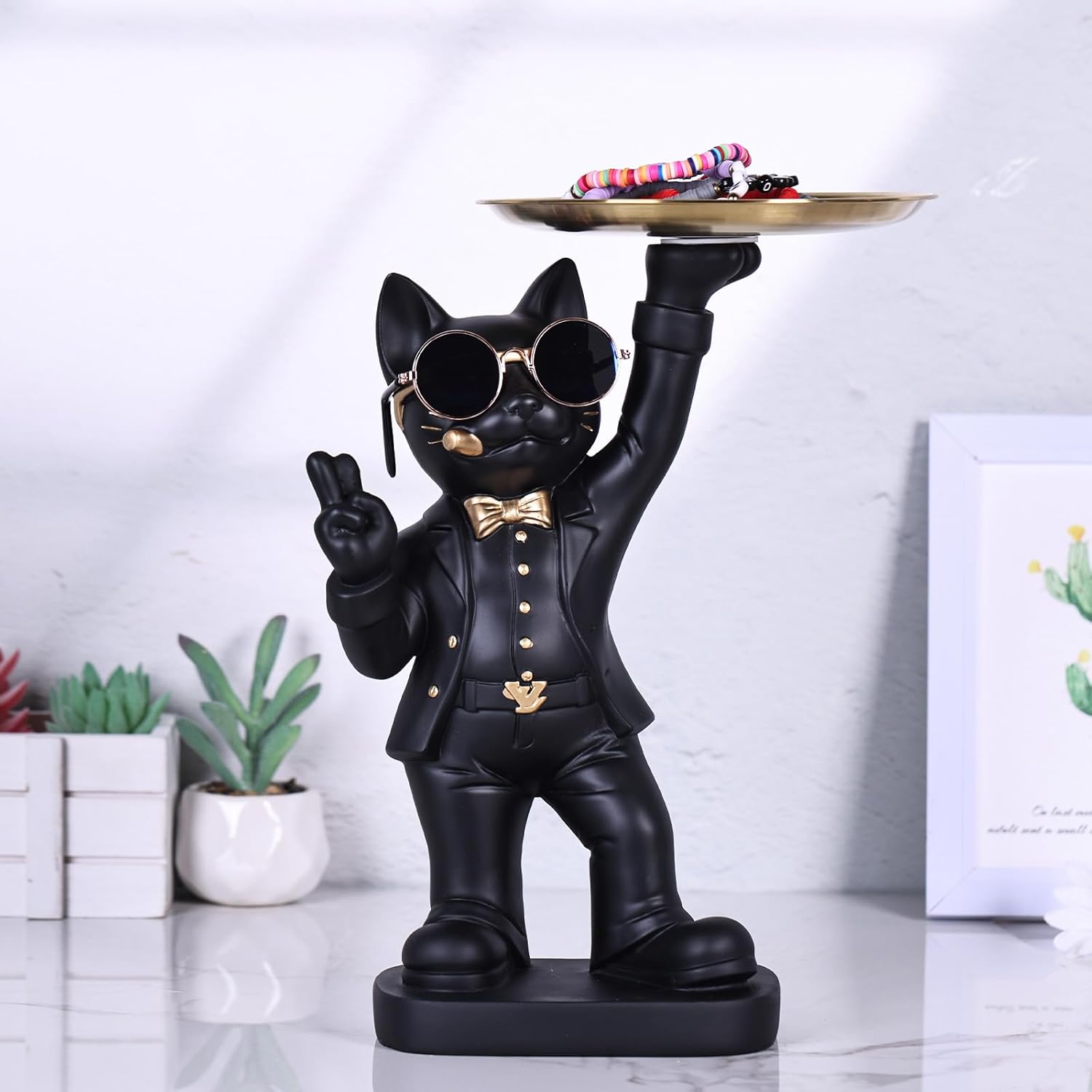11.8" Tall Funny Black Cat Decor Sculpture Candy Dish - Cute Cat Statues with Storage Tray for Living Room, Key Dish Bowl for Entryway Table, Office, Candy Bowl, Gift for Cat Lovers (Black) - Image 2