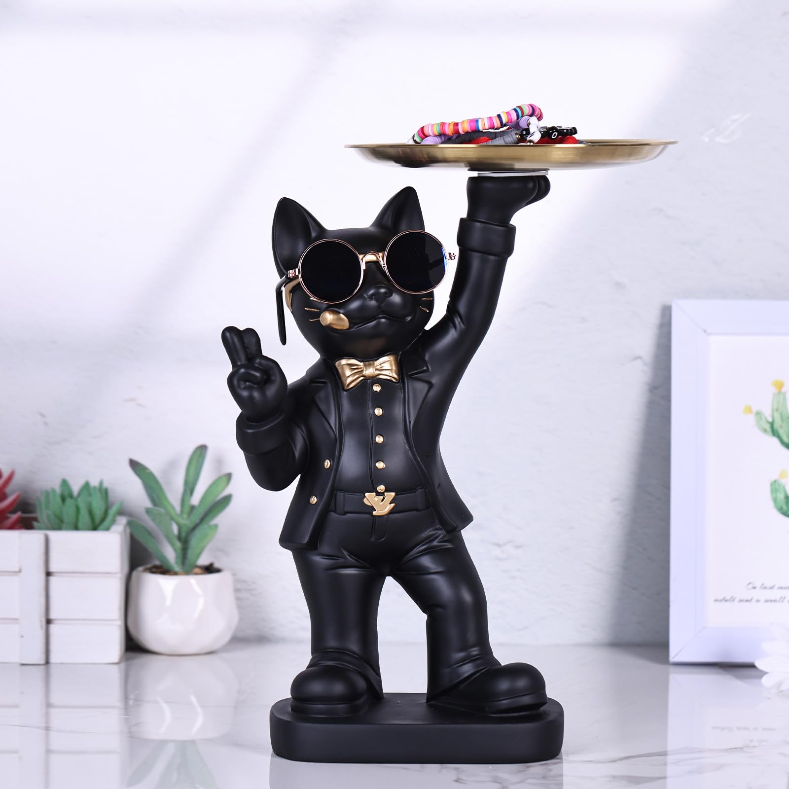 30 cm di altezza divertente scultura decorativa gatto nero con contenitore per caramelle - adorabile statua di gatto con vassoio portaoggetti per soggiorno, vassoio portachiavi per ingresso