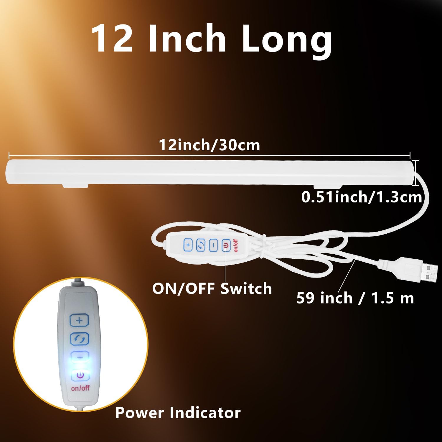 12 Inch LED Light Bar USB Powered 3 Colors White, Warm White, Yellow, with Switch, Magnetic Dimmable Frosted Cover, for Under Monitor Desk Cabinet, 3D Printer, Over Sink