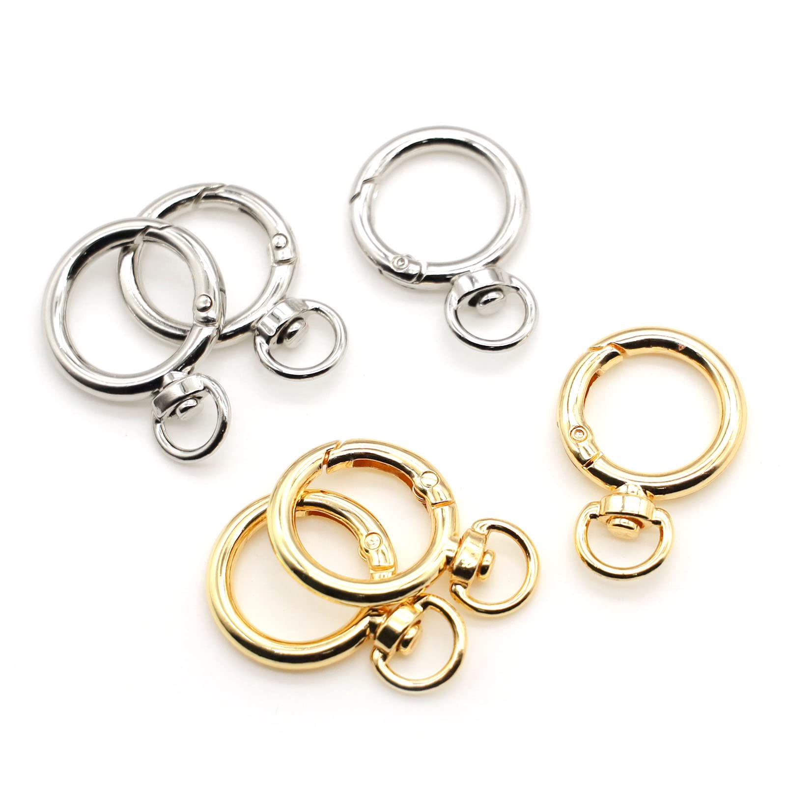 Swpeet 24 Clips De Resorte Redondos De 20mm - 3 Colores (Oro, Plata, Negro) Con Anillo Giratorio, Para Bolsos, Manualidades Y Llaveros