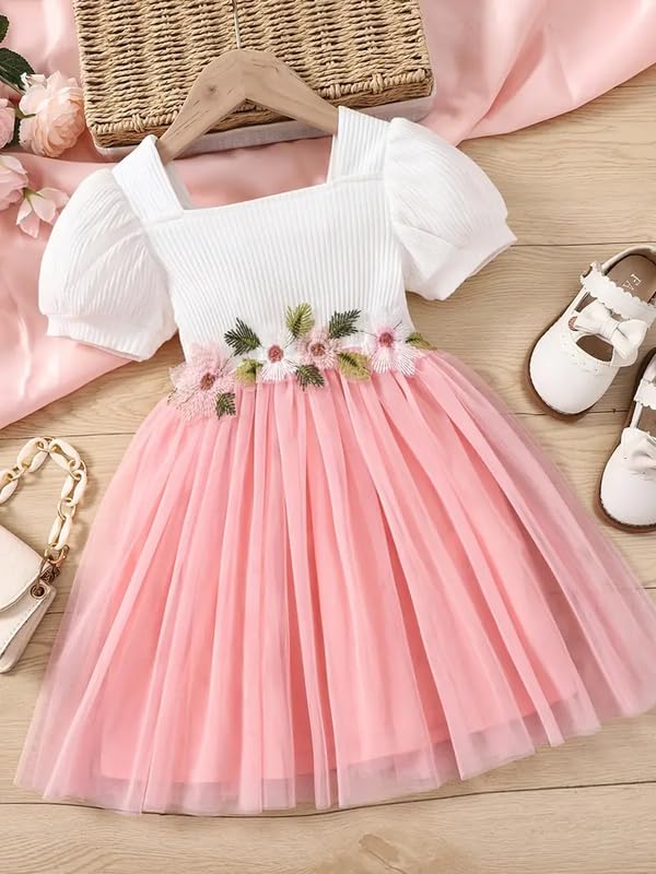 Image of Niren Enterprise Baby Girl Frock - Short Sleeve Embroidered Floral Dress with Belt, Square Neck, 1-Pack