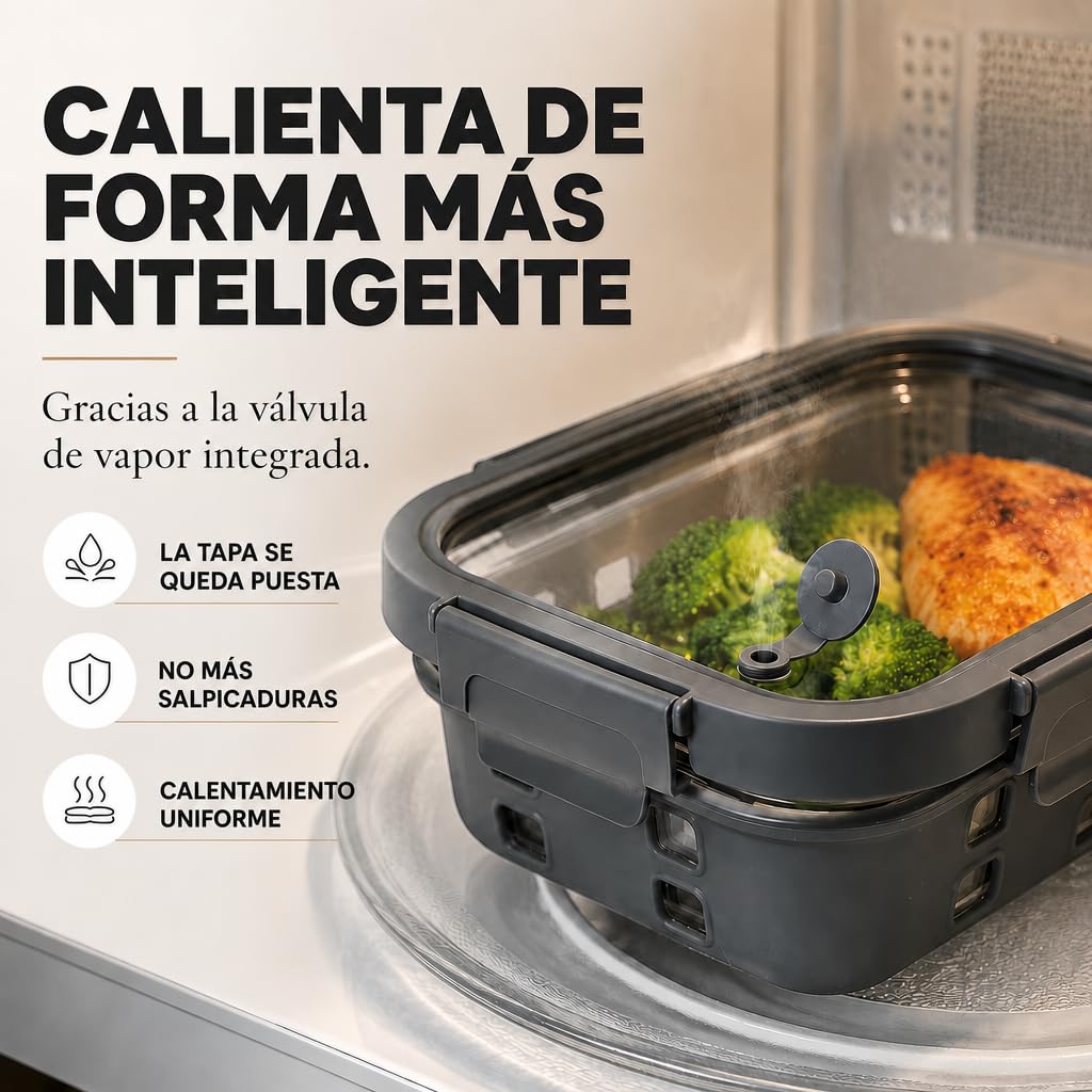 Fiambreras de Cristal Borosilicato – Set Meal Prep 3x1520 Mililitros, Recipientes Herméticos Apilables, Aptos para Microondas con Válvula de Vapor, Funda Silicona Anti-Impacto