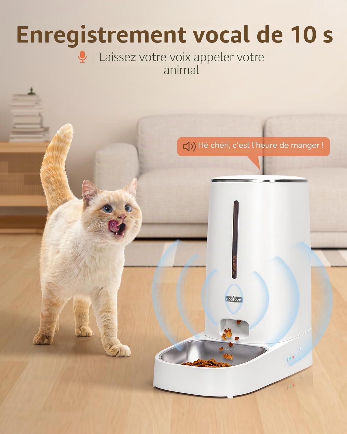 Nobleza - 4L Distributeur Croquettes Chat Automatique, 2,4G WiFi avec Contrôle par APP Distributeur Croquettes Chat Automatique, Enregistrement Vocal 10S, 1-10 Repas par Jour (Blanc)