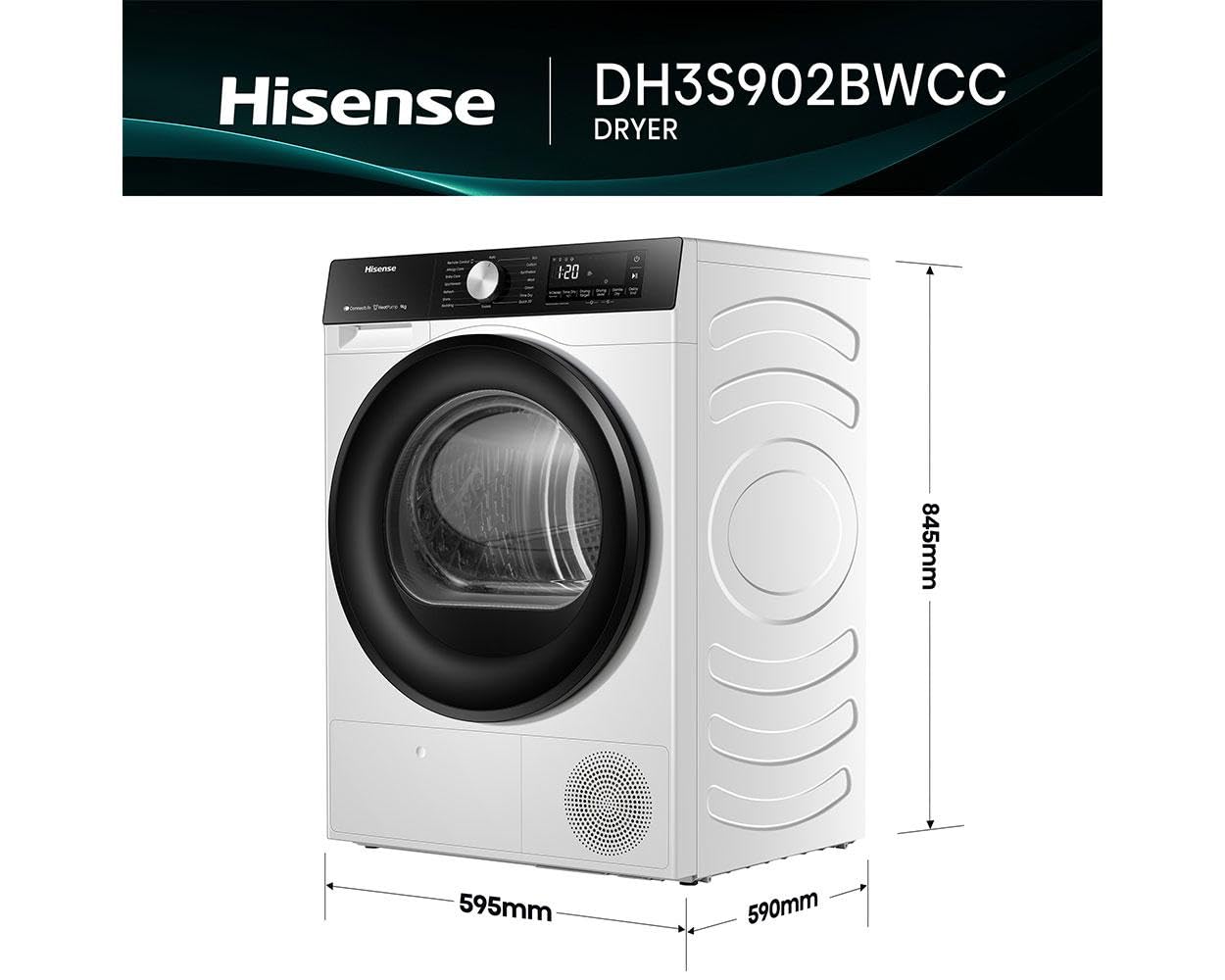 Hisense DH3S902BWCC - Asciugatrice a condensa con pompa di calore, 9 kg, 16 programmi, ConnectLife, Autodry, QuickDry, cura delle allergie, rinfrescante, TwinAir, DelayEnd, sensore di umidità, classe