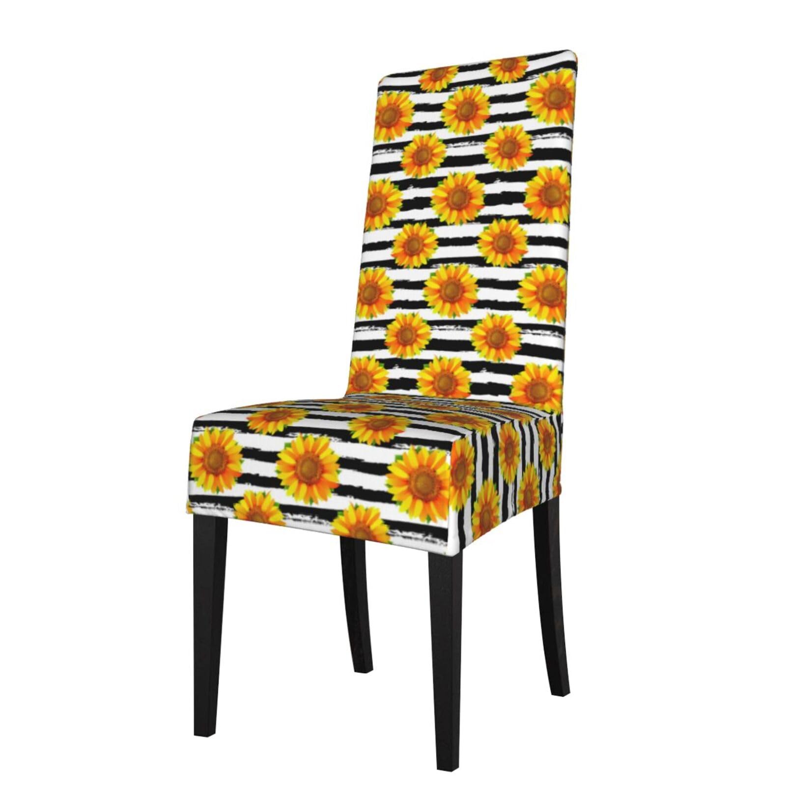 LKYMOH Sunflowers On Black And White Stripes Background, Chair Covers Stretch Chair Slipcovers for Dining Room, for Party Pet Protection Universal Fit Soft Polyester
