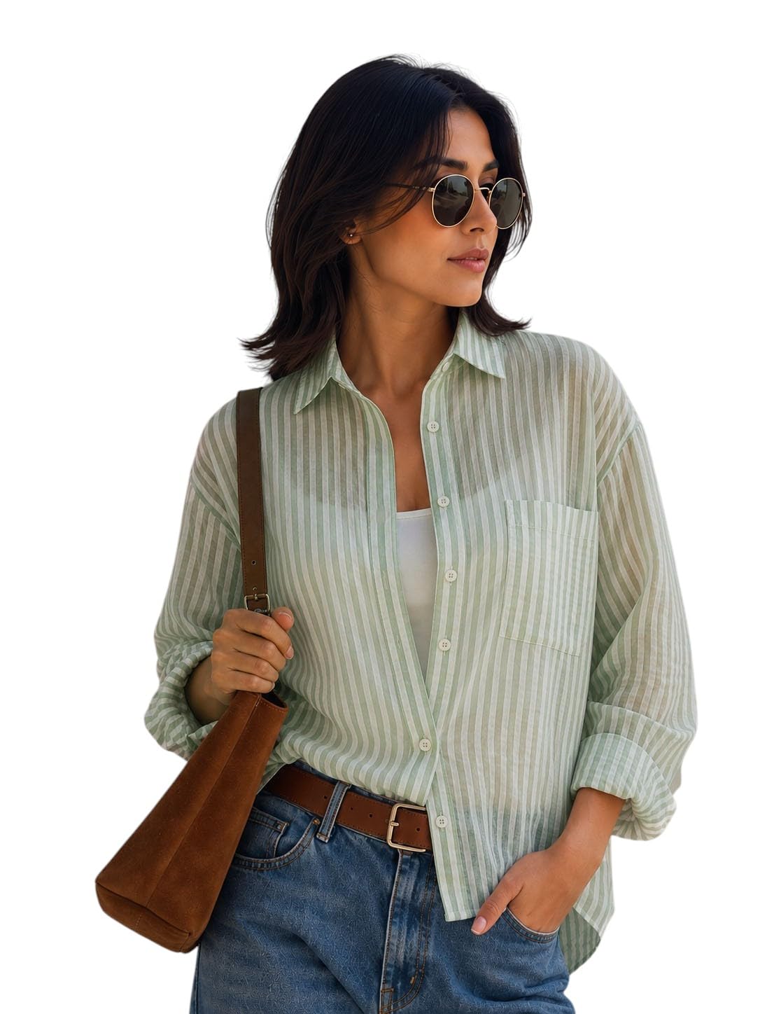 oomph! Women's Oversized Sheer Striped Casual Shirt | See-Through| Relaxed Fit Layering Top-picture-25