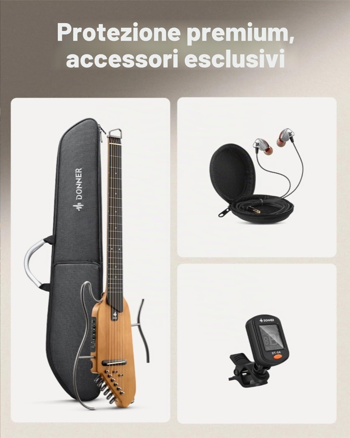 Donner HUSH-I Chitarra Portatile Senza Testa Acustica-Elettrica Ultra-Leggera Silenziosa Viaggi Corpo Acero Telai Rimovibili Custodia Morbida Accessori