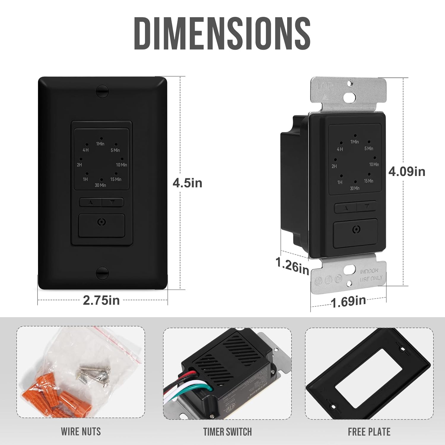 ECOELER Black Wall Timer Switch, 15A Countdown Light Switch with Indicator, 1-5-10-20-30-60 Min, 2-4 Hour Selectable Electric Timer Switches, Neutral Wire Required, ETL Listed, 2 Pack