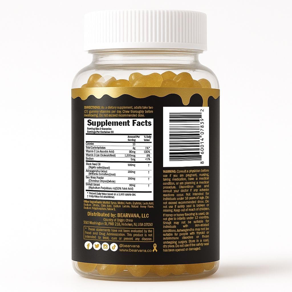 BEARVANA Black Seed Oil Gummies with Shilajit, Sea Moss & Ashwagandha | Honey Flavored Dietary Supplement | Vegan Friendly | 60 Gummies