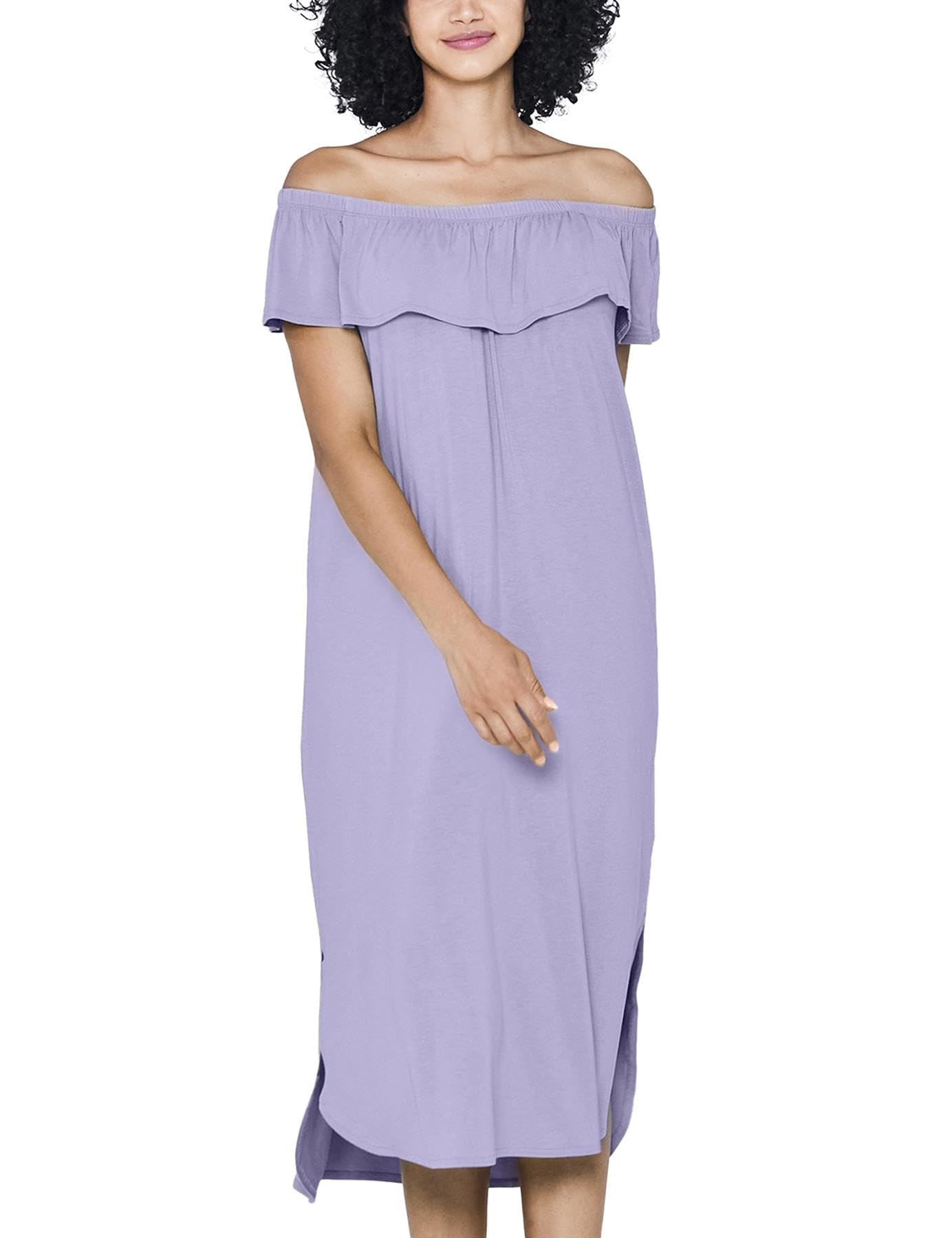 Enorsia Women's Purple Off Shoulder Ruffle Jersey Nightdress In Size 18